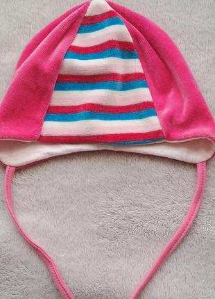 Плюшевая детская шапочка с завязками, чепчик, яркая шапочка, шапка для новорожденных, шапка для девочки в мелкой рубчик на завязках