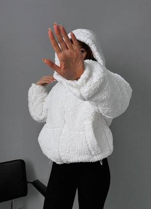 Тепла зимова хутряна куртка з капюшоном тедді на синтепоні з підкладкою з кишенями на затяжках4 фото