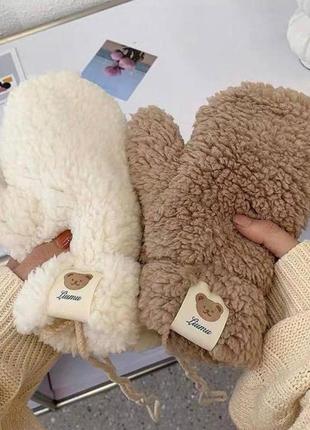 Теплые зимние меховые перчатки перчатки тедди на флисе утепленные9 фото
