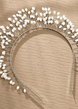 Плетенный обруч из бусин, диадема, ободок тиара на голову, свадебный ободок,1 фото