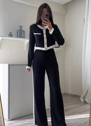 Костюм пиджак укороченный жакет кардиган брюки палаццо на высокой посадке широкие свободного кроя трендовый стильный комплект черный белый
