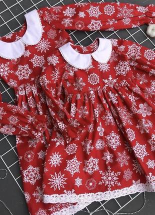 Новогодние платья из хлопка для девочек платье снежинки белое красная8 фото