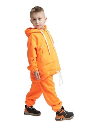 Костюм - двойка детский спортивный теплый, худи кенгуру, штаны, для девочки для мальчика, оранжевый5 фото
