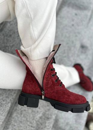 Эксклюзивные ботинки из итальянской кожи и замши женские красные5 фото