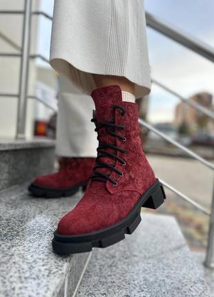 Эксклюзивные ботинки из итальянской кожи и замши женские красные8 фото