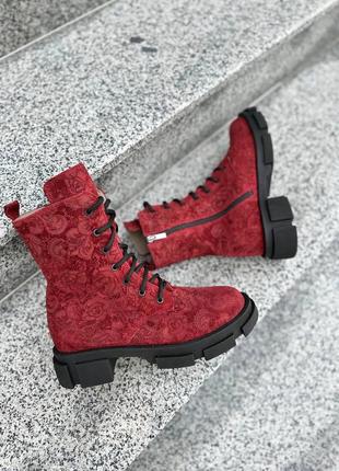 Эксклюзивные ботинки из итальянской кожи и замши женские красные7 фото