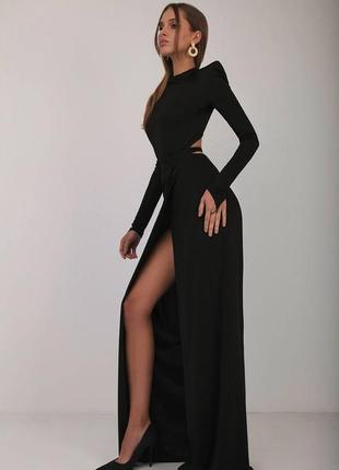 Жіночий чорний розкішний стильний трендовий костюм боді+довга спідниця 2023-2024