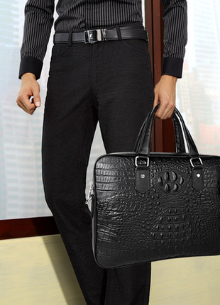 Мужской кожаный деловой портфель для документов черный рептилия | мужская сумка из натуральной кожи2 фото