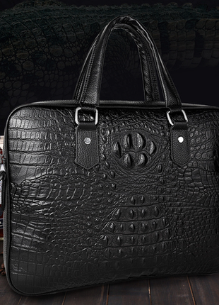 Мужской кожаный деловой портфель для документов черный рептилия | мужская сумка из натуральной кожи