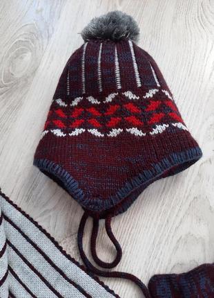 Набор комплект теплая  шапка на завязках шарф перчатки8 фото