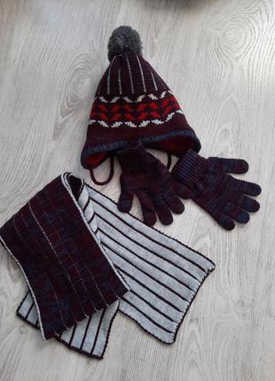 Набор комплект теплая  шапка на завязках шарф перчатки2 фото