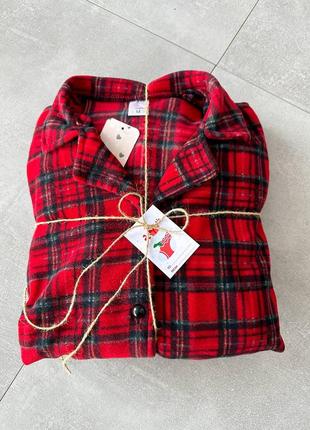 Женская пижама на флисе рубашка и штаны в клетку красная / на подарок2 фото