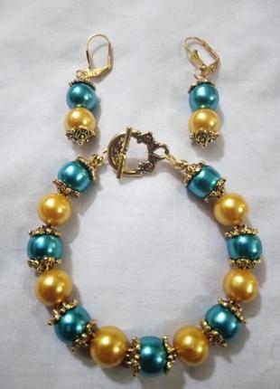 Сережкі в патриотичному стилі штучні перли фурнітура колір античне золото5 фото