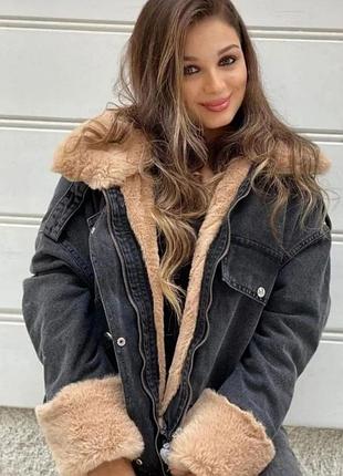 Oversize куртка женская джинсовая зимняя укороченная свободного кроя