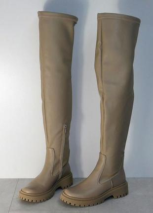 Сапоги ботфорты чулки женские кожаные зимние с молнией бежевые10 фото