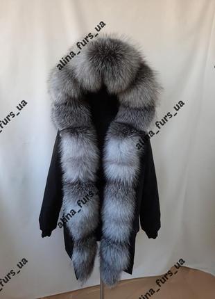 Женская зимняя куртка парка с натуральным мехом блюфрост в серебряной расцветке, меха снимается, 42-603 фото