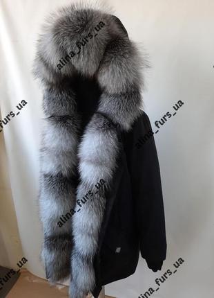 Женская зимняя куртка парка с натуральным мехом блюфрост в серебряной расцветке, меха снимается, 42-601 фото