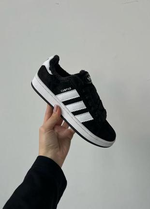 Женские зимние кроссовки черные с белым adidas campus black white winter fur - с мехом✨