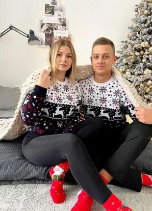 Светр с оленями парный фемелі лук family look новогодний