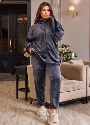 Женская плюшевая пижама на молнии теплый комплект свободного кроя мягкий качественный