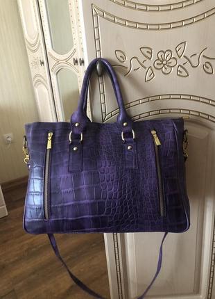 Большущая кожаная сумка, натуральная кожа, формат а4, фиолетово чёрная, borse in pelle1 фото