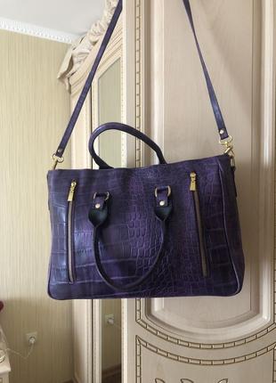 Большущая кожаная сумка, натуральная кожа, формат а4, фиолетово чёрная, borse in pelle2 фото