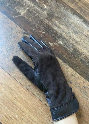 Кожаные замшевые тёплые перчатки темно-коричневого шоколадного цвета4 фото