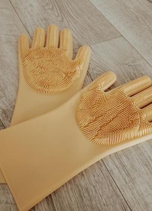 Силіконові рукавички для миття та чищення magic silicone gloves з ворсом жовті