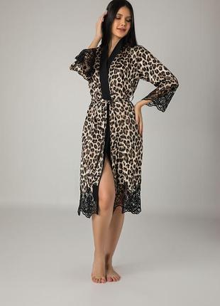 Женский сатиновый халат nusa 15080 с кружевом, леопардовый m