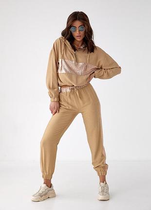 Костюм спортивный женский с блестящими вставками perry - бежевый цвет, s (есть размеры)