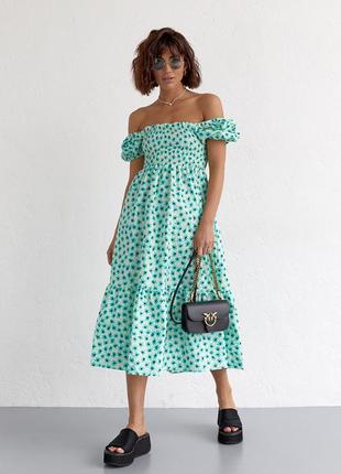 Платье в мелкие цветы с открытыми плечами - бирюзовый цвет, l (есть размеры)