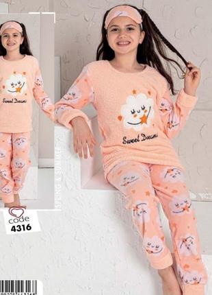 Теплая зимняя пижама для девочки полар флис турция mini moon арт 4316 sweet dreams персиковый