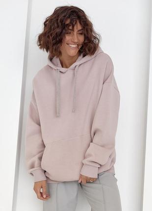 Теплое худи с карманом и вышитой надписью на спинке - пудра цвет, m (есть размеры)
