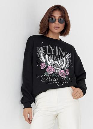 Світшот на флісі з оригінальним принтом - чорний колір, s (є розміри)