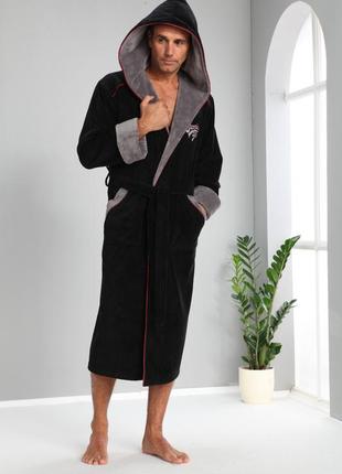Чоловічий велюровий халат nusa 1170 з капюшоном, чорний m