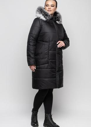 Тёмно-синее молодёжное зимнее пальто с натуральным мехом чернобурки  батал с 48 по 62 размер9 фото