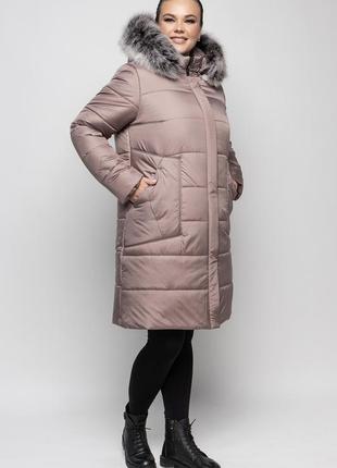 Бежеве молодіжне зимове пальто з натуральним хутром чорнобурки батал з 48 по 62 розмір