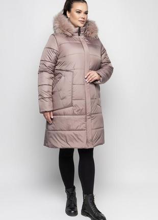 Бежевое молодёжное зимнее пальто с натуральным мехом чернобурки  батал с 48 по 62 размер3 фото