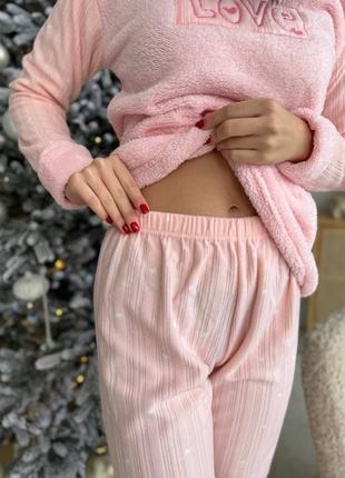 Розовая флисовая пижама с махрой кофта в брюки, пижама из флиса кофточка и штаны, теплая пижама турченка3 фото