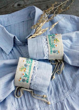 Съемные льняные манжеты с ручной вышивкой широкие браслеты с цветами кружевом в стиле бохо1 фото