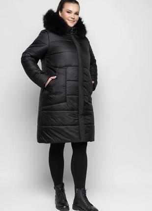 Чёрное молодёжное зимнее пальто с натуральным мехом песца батал с 48 по 62 размер