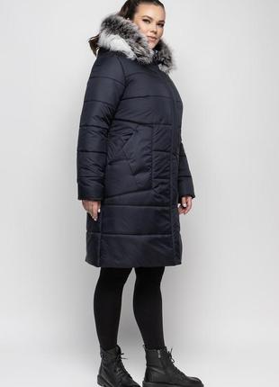 Чёрное молодёжное зимнее пальто с натуральным мехом чернобурки  батал с 48 по 62 размер4 фото