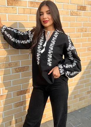 Вышиванка женская черная с белым орнаментом esq 5438, стильная блузка вышитая гладью с длинным рукавом