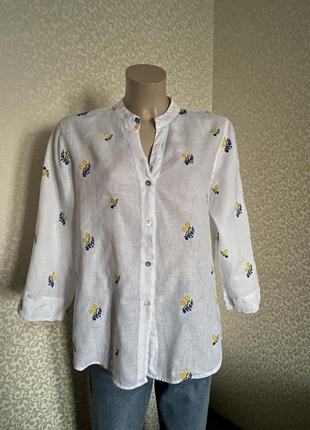 Біла сорочка,блуза  з жовто-блакитною💙💛вишивкою 100%льон terra blu італія
