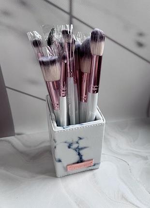 Кисти для макияжа с подставкой bh cosmetics marble white, 13 шт5 фото