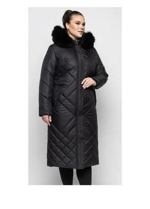 Красиве довге пальто жіноче чорного кольору  з натуральним хутром песця батал з 48 по 66 розмір