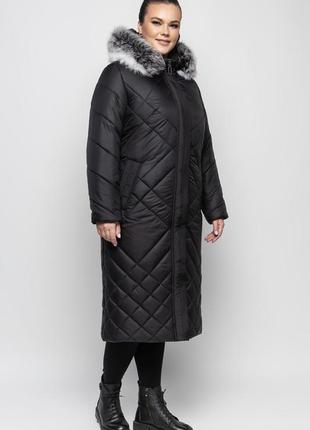 Лиловое длинное женское пальто с натуральным мехом песца батал с 48 по 66 размер6 фото