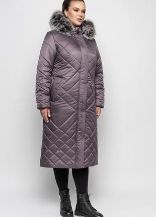 Чорное  длинное женское пальто  с натуральным мехом чернобурки батал с 48 по 66 размер