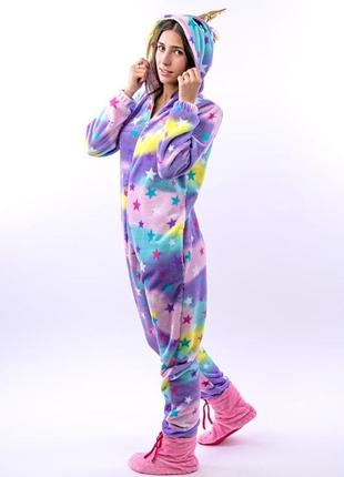 Кигуруми пижама радужный единорог, детский теплый комбинезон на молнии  для дома на девочку