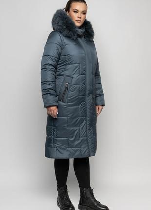 Бежевое молодёжное  пальто с натуральным мехом чернобурки батал с 48 по 56 размер8 фото